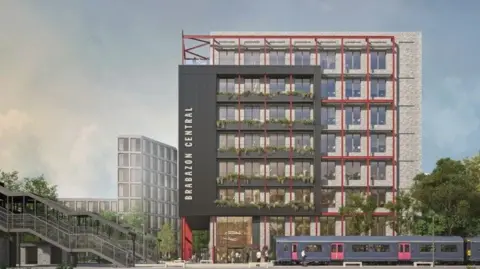 MetroWest An artist's impression showing a train passing by a large tower block. The station the train is heading to is on the left-hand side of the image. The train is a local shuttle-style service. The tower block has balconies with some greenery on it.