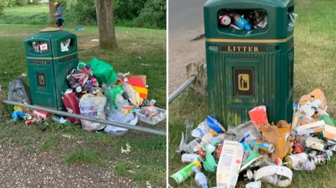 Peter Markham Two images show bins overflowing with rubbish on a village green.