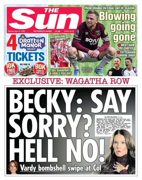 "Becky: Say sorry? Hell no!" reads the headline on the front page of the Sun.
