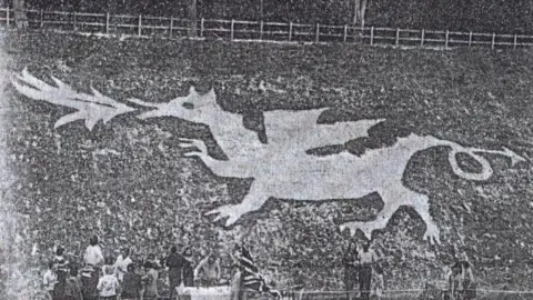 A black and white image of the chalk dragon in the embankment. People are stood at the bottom looking at it.