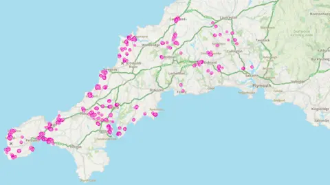 Cornwall Council The interactive map showing which areas of Cornwall have streetlights being switched off or dimmed