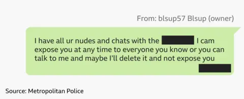 A screenshot of a message which reads: "I have all ur nudes and chats. I cam [sic] expose you at any time to everyone you know, or you can talk to me and maybe I'll delete it and not expose you."