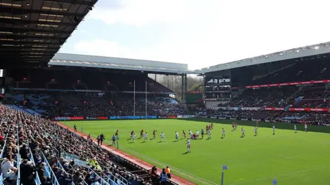 An aerial view of Villa Park with Gloucester v Leicester in action on the pitch