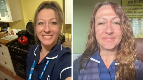 Jo Vowles Two images side by side of Jo taking a selfie while wearing her blue nurse's uniform