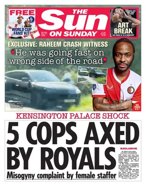 The headline on the front page of the Sun reads: “5 cops axed by Royals”.