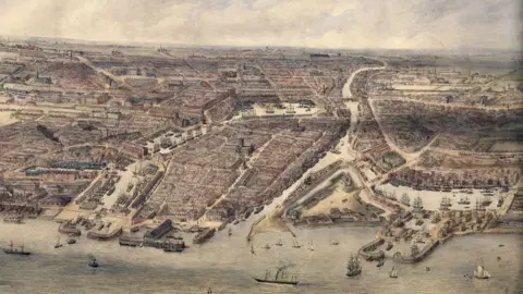 Hull History Centre A colour illustration of Hull, drawn as if seeing it from above and to the front, showing a ring of docks around streets tightly packed with buildings. A river runs through the middle of the city, dividing it in two.