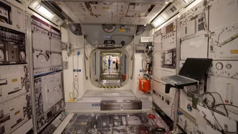 Kevin Church/BBC Long shot through the length of the mock up the modules of the International Space Station. At the far end is Astronaut Rosemary Coogan in her blue jumpsuit and Rebecca Morelle, the BBC's science editor in an orange top and black trousers. The machines of the module are visible on the walls closer to the camera. There is an open laptop on a support on the right hand side. The entrances between the areas, where the astronauts float through in space can be seen. 