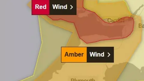 UK Met Office A Met Office map of the Bristol Channel and North Somerset showing red and amber warnings