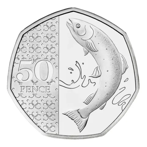 Royal Mint A 50p coin with the Atlantic salmon on one side, which has the King's portrait - not shown here - on the reverse