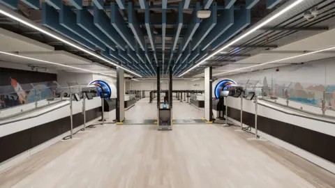 A picture of the security facility at the airport. It has two areas - one to the left and one to the right of the image 