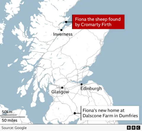 A map showing Fiona's journey from the north of Scotland to the south