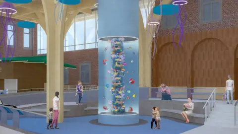 A computer-generated image of what the aquarium would look like. It is a long cylinder shaped glass tank stretching from floor to ceiling, filled with lots of colourful fish. There are areas to sit around it, and large jellyfish models hanging from the ceiling.