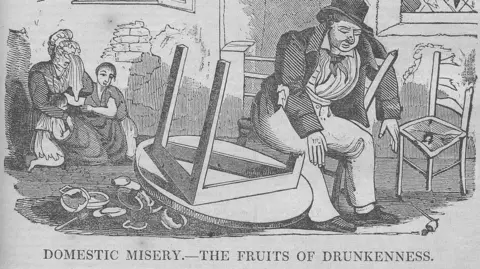 University of Lancashire A sketch of a drunk man lying on an upturned table in a state of drunkenness while his family look on in shock. 