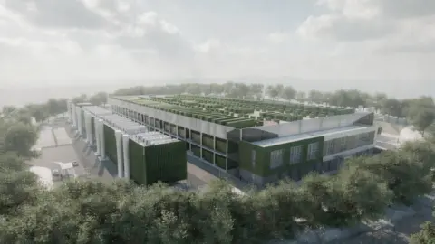 Norwich Apex An artist's impression shows a large data centre, surrounded by trees and with a green roof in a square shape.