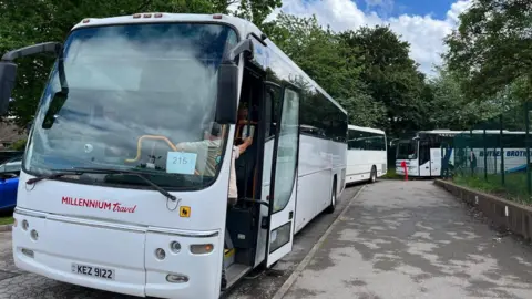 Buses waiting to pick up students at All Saints in Mansfield