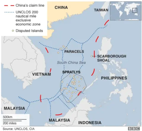 A map of the South China Sea, including China's so-called nine-dash line