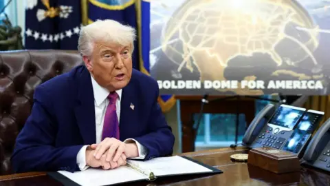 Donald Trump in the Oval Office in front of a Golden Dome poster