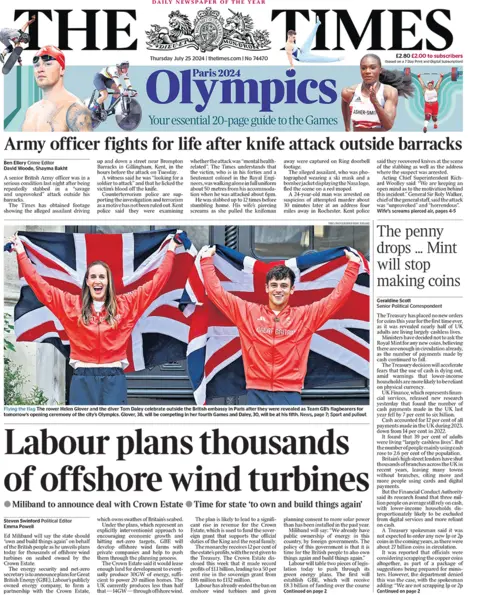 The Times headline reads: Labour plans thousands of offshore wind turbines