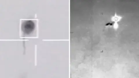 Left, a balloon shaped UAP. Right, a shining light.