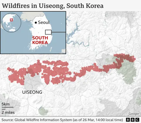 Map of wildfires in Uiseong 