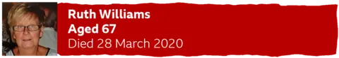 Red banner which says - Ruth Williams - Aged 67 - Died 28 March 2020. 
There is the image of a woman with cropped blonde hair and glasses looking at the camera.
