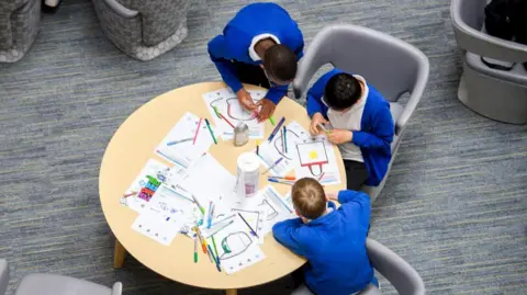 University of Northampton Three pupils in blue sweaters sit round a table with drawings