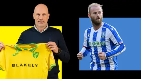 Spilt image showing new Norwich manager Philippe Clement holding up a shirt and Barry Bannan in action for Sheffield Wednesday