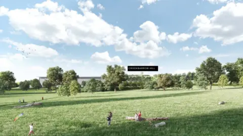 A computer genertaed image of people playing in an open field.