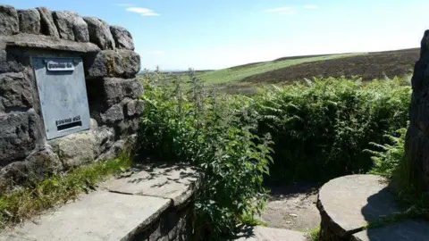 Jeremy Bolwell/Geograph Stone bench with letter box for poems. The area is overgrown with weeds.
