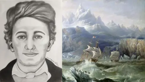 A black and white forensic artist's drawing of a young man with a full head of fair hair, a black jacket over a white shirt with a knot at the collar . Next to it is an oil painting of two ships, HMS Erebus and HMS Terror, in the choppy waters of a rough sea