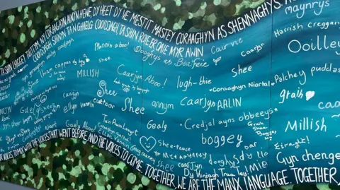 A green and blue mural in the form of a river with Manx words in white writing on it.