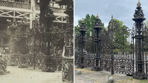 Getty Images/BBC Composite image with one photo showing the Coalbrookdale Gates inside the Crystal Palace beside a modern photo of them beside Hyde Park