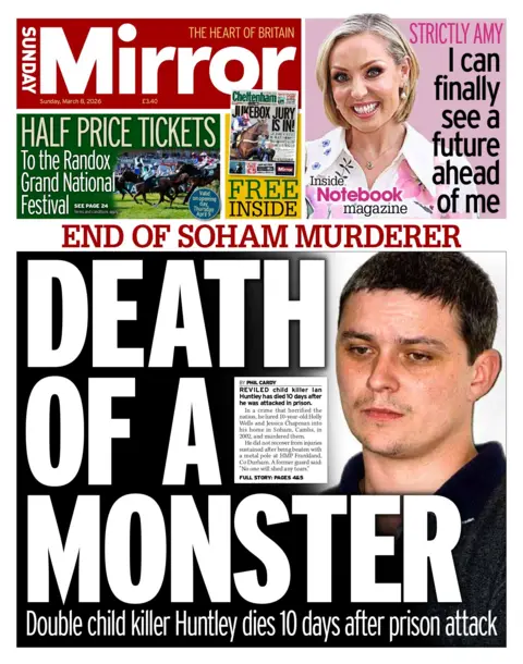 The front page of the Sunday Mirror reads: "Death Of A Monster."