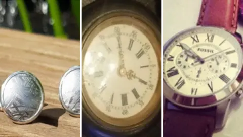West Midlands Police three images side by side. on the far left are some silver cufflinks which have curved designs on them. In the middle is a gold clock, and on the right is a silver "fossil" watch