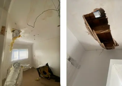 Two pictures. The first shows a broken large silver foil tunnel and extractor farm on the floor of a room, with another foil tube coming through the ceiling. The second shows a large hole in a ceiling which goes through the attic and then the roof.