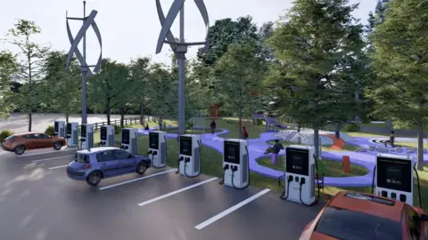 Roadchef 3D concept car park with electrical charging points and a play area 