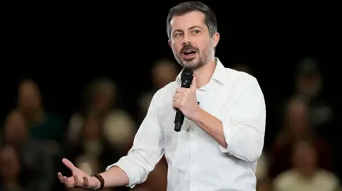 Pete Buttigieg speaks during a town hall in La Crosse, Wisconsin, on 16 January 2026 
