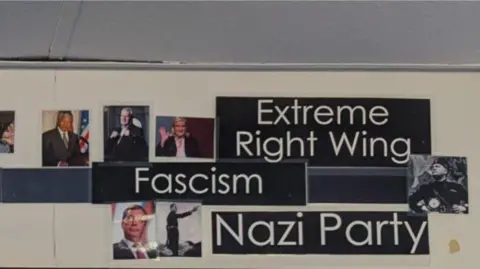Wall display showing photos of Lee Anderson and Nigel Farage along with images of Adolf Hitler and Benito Mussolini