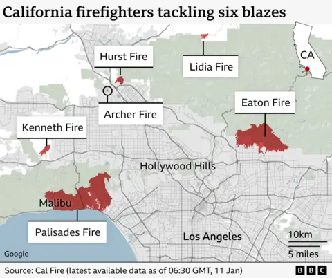 A BBC map plots the locations of six fires in Los Angeles - the Hurst, Lidia, Archer and Kenneth fires, as well as the largest two - the Palisades and Eaton fires. 
