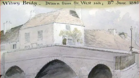 OCC A sketch of Witney Bridge from1845. It is a three arch bridge, with a building atop.