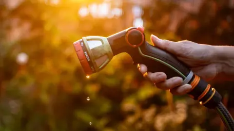 A person holds a garden hose in Leeds, against orange sunlight.