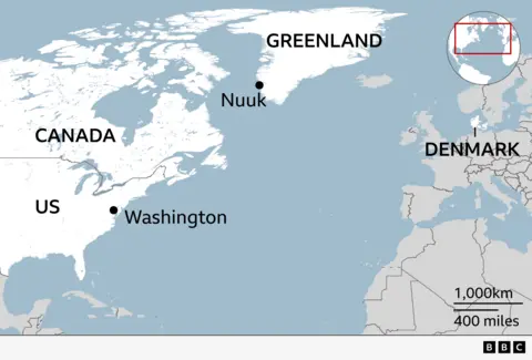 A map showing Greenland’s location relative to Canada, the United States, and Denmark, with Nuuk highlighted as the capital of Greenland. An inset globe marks Greenland’s position in the Arctic region