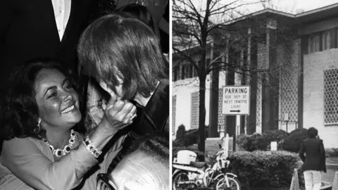 Elizabeth Taylor is seen on the left and the Iranian embassy in the US is on the right.