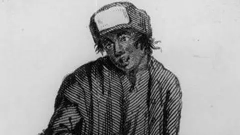 Drawing of a child chimney sweep. He wears ragged breeches, jacket and a hat. He is carrying a brush. the image is in black and white. 