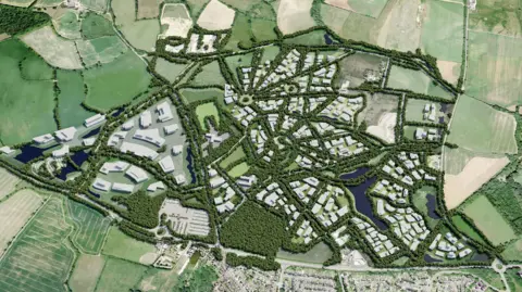 A cgi mock-up of an aerial view of Salt Cross village.