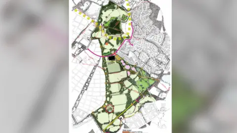 An artist's impression of an aerial view over the site.