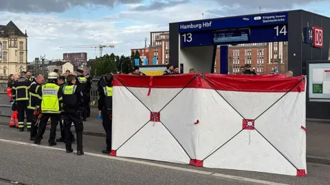 RENE SCHRODER/NEWS5/AFP via Getty Images A white barrier in front of platforms 13 and 14 with emergency services staff nearby