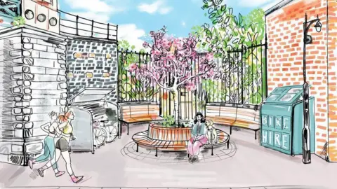 Cherie Jerrard An artist’s impression of the Pocket Park with a blue bike hire container on the right-hand side, a circular bench around a pink blossom tree in the middle, and two joggers on the left