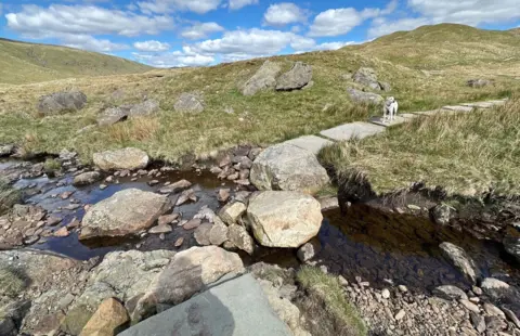 Fix the Fells A picture of grassy hills with a stream in the foreground, with big stepping stones in the middle 