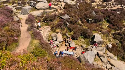Edale Mountain Rescue Team Edale Mountain Rescue Team helps a runner, who had a fall in the southern edges of Kinder in Derbyshire.
